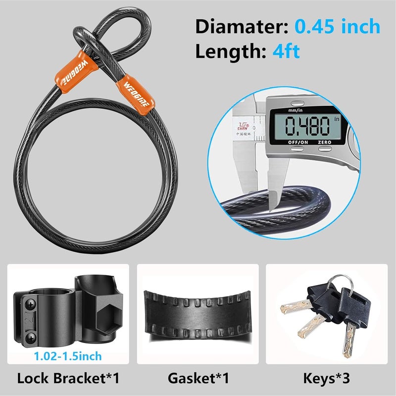 Weogine Bike Lock - Heavy Duty Anti Theft Bike U Lock with 5ft Security Steel Cable - 17mm Shackle Bicycle U-Locks with Keys & Sturdy Mounting Bracket for Road, Mountain, Electric Bike - Image 5